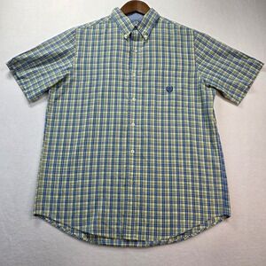 Chaps Men's Easy Care Plaid Short Sleeve Button Down Shirt Medium Yellow Blue